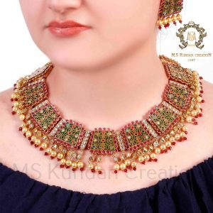 Gold Foil Patra, Navratan Studded in Green Trapezium Shape with Crystals